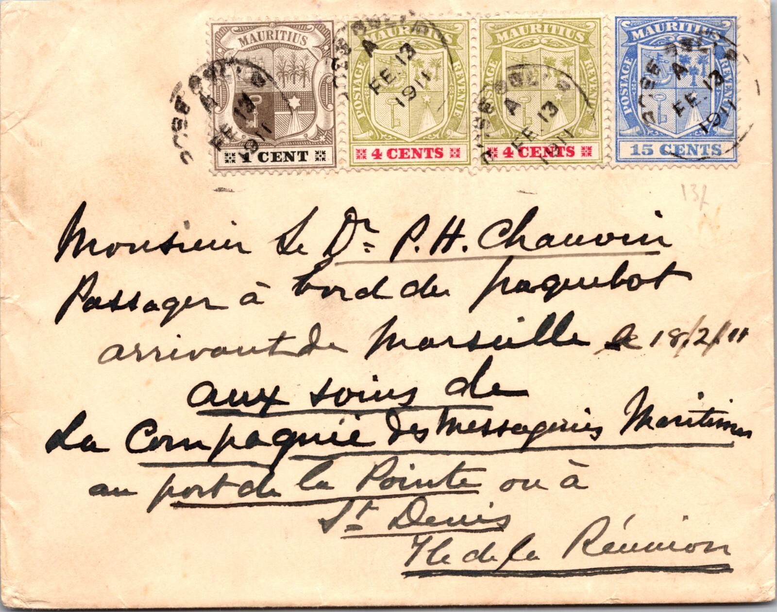 Mauritius King George V 6c Postal Cover to Réunion, 1911
