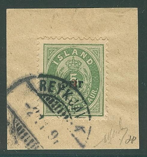 ICELAND #31 3prir (large), used on piece, signed Bloch Scott $750.00