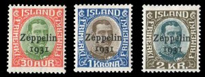 Iceland #C9-11 Cat$97, 1931 Zeppelin, set of three, hinged