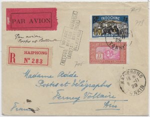 Haiphong, French Indo-China to Ferney Voltair, France 1929 Regis. ... (52492)