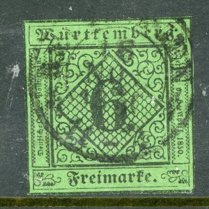 Germany States 1851 Wurttemberg 6Kr Yellow Green Scott #4 VFU  G478