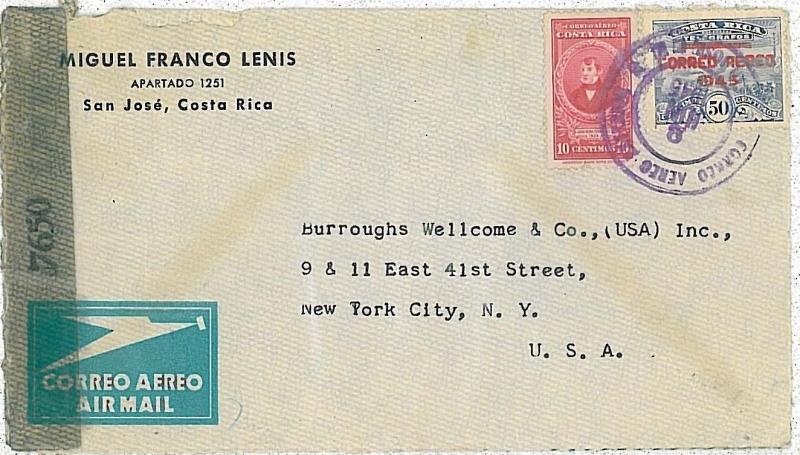 TRAINS : Costa Rica -  POSTAL HISTORY:  COVER  to  USA - Censor tape 1945