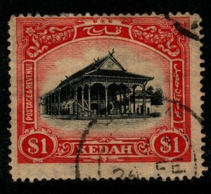 MALAYA KEDAH SG37w 1924 $1 BLACK & RED/YELLOW WMK CROWN TO LEFT OF CA USED