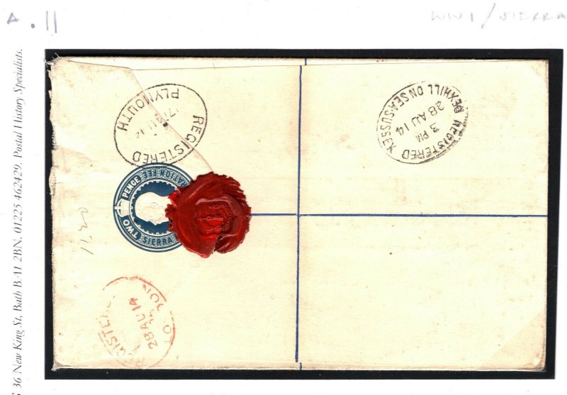 SIERRA LEONE WW1 Cover Freetown Registered GB Sussex Address. ADMIRAL 1914 SA.11