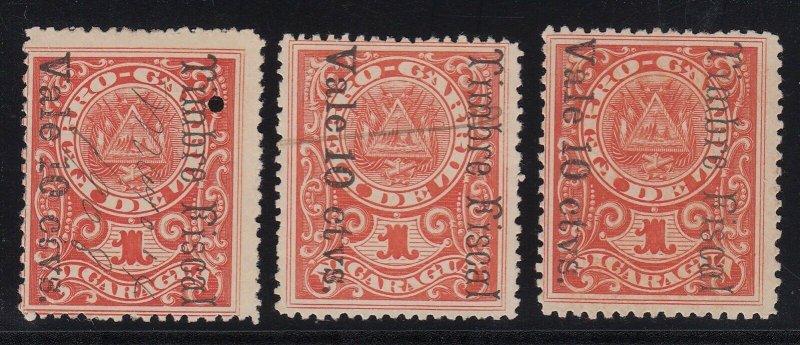 Nicaragua 1903 10c on 1st Class Railroad Coupon Timbre Fiscal Revenue x 3