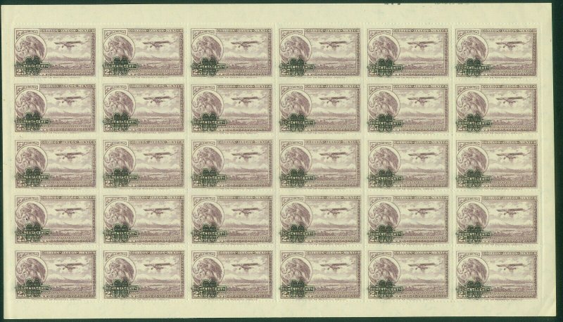 MEXICO C50(30) 80¢ ON 25¢ PANE OF 30. MINT, NH, POST OFFICE FRESH. VF.