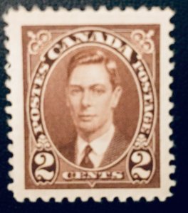 Canada #232 2¢ King George VI (1937). VF centering. Unused. Light hinge mark.