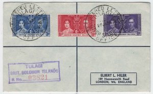 Solomon Is 1937 Coronation set very fine used on printed reg cover to UK, Tula