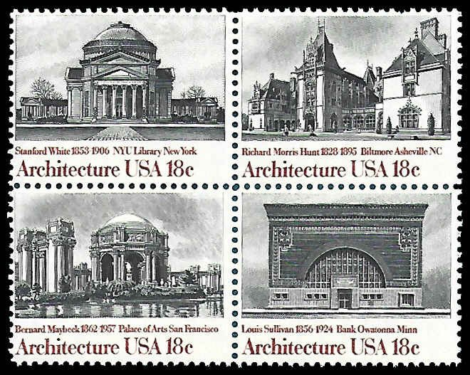 PCBstamps   US #1928/1931a Block 72c(4x18c)Architecture, MNH, (14)