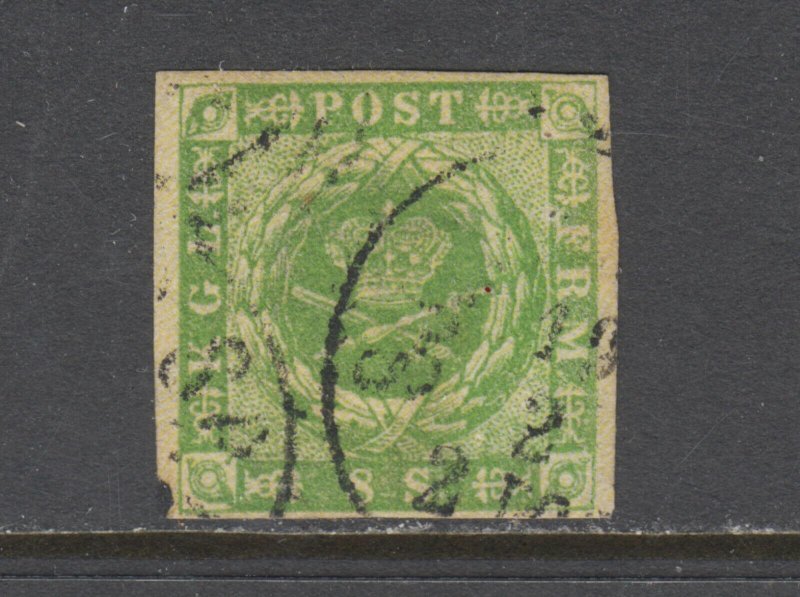 Denmark Sc 5a used 1857 8s yellow green Royal Emblems, 4 margins, sound, F-VF.