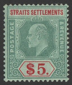 STRAITS SETTLEMENTS 1906 KEVII $5 green & red on green, wmk mult crown.