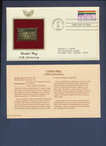 1987 - United Way - 100 years -  22Kt Gold Golden FDC Cover