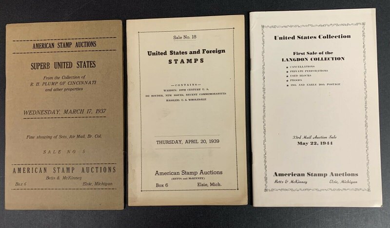 American Stamp Auctions, Lot of 3 Auction Catalogs, 1937-1944, Sales #5,18, & 33
