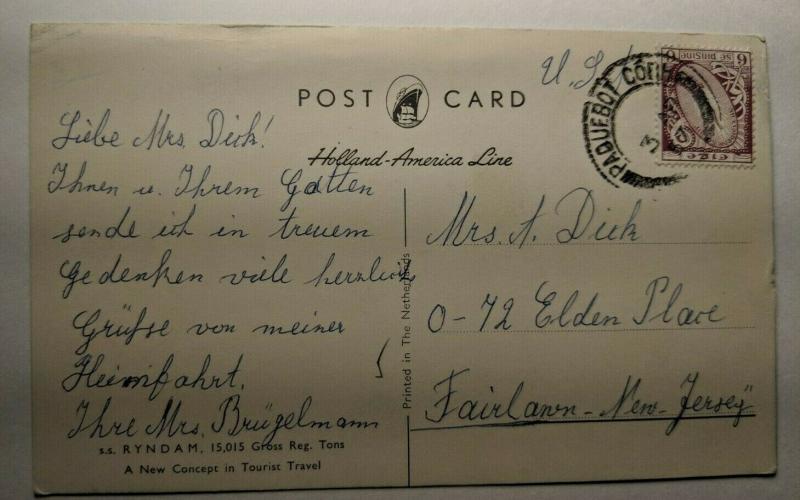 Vintage 1957 Ryndam Holland America Line Ireland Real Picture Postcard Cover