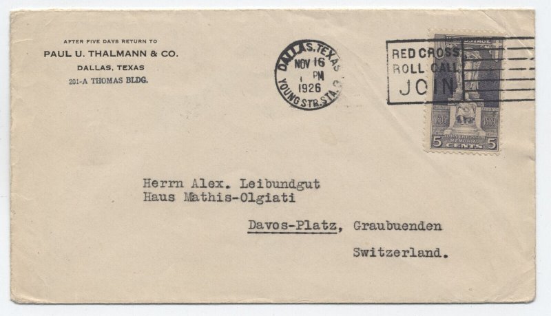 1926 5ct Ericsson #628 Dallas TX to Switzerland [a39.19]