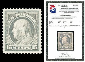 Scott 418 1912 15c Franklin Perf 12 Issue Mint VF LH Reperf Right with PSE CERT!