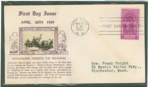 US 854 1939 3c Washington's First Inauguration on an addressed (typed) FDC with a Crosby Thermographed cachet (Washingto...