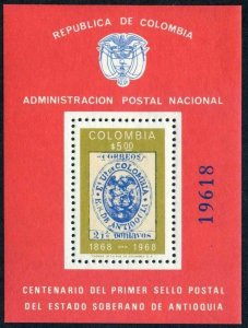 Colombia 785,lightly hinged.Michel Bl.30. 1st postage stamps of Antioquia-100.