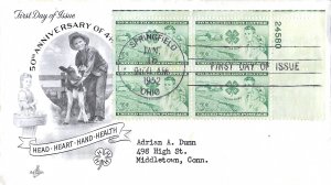1952 FDC, #1005, 4-H Clubs, Art Craft, plate block of 4