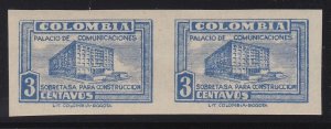 Colombia 1946 3c Blue Postal Tax Plate Proof Pair VLM Mint. Scott RA27 var