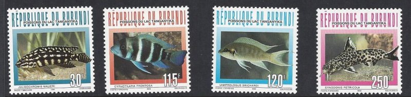 Burundi #746-49a MNH set c/w ss, various fish of Lake Tanganyika issued 1996