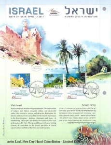 VISIT ISRAEL 2011 DAVID TOWER RED SEA 3 STAMP ALBUM PAGE JERUSALEM WESTERN WALL