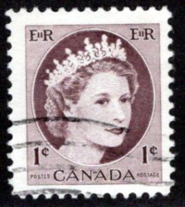 Scott 337iv, 1c violet brown, Used, W2B, HB, QEII Wilding, Canada Postage Stamp