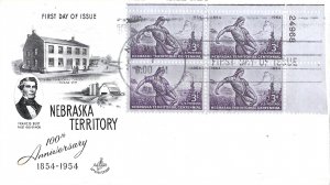 1954 FDC, #1060, 3c Nebraska Territory, Art Craft, plate block of 4 - #2