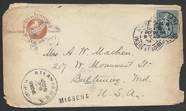 USA 1904 cover France to Baltimore MISSENT TO ATLANTA RPO..................49093