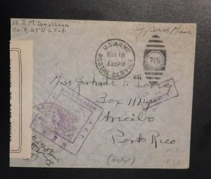 1918 USA Army Censored Cover to Areibo Puerto Rico