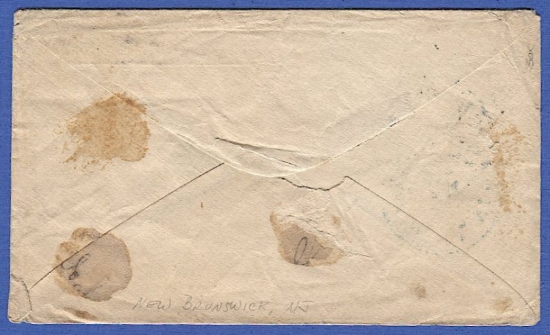 US  Circa 1855 forwarded cover, Sc U9 New Brunswick NJ to Indiana + 3c #11