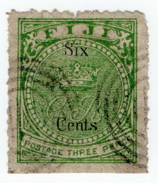 (I.B) Fiji Postal : 6c on 3d Yellow-Green (SG14) Bogus Reprint