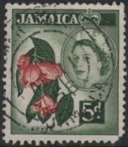Jamaica 165 (used, pulled corner) 5p Eliz. II, Ackee fruit, ol grn & car (1956)