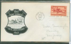 US 894 1940 3c Pony Express/80th anniversary on an addressed first day cover with a St. Joseph, MO cancel and an APL.