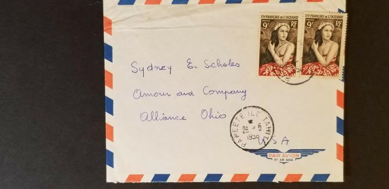 1958 Papeeti Tahiti to Alliance Ohio USA Business Air Mail Cover 