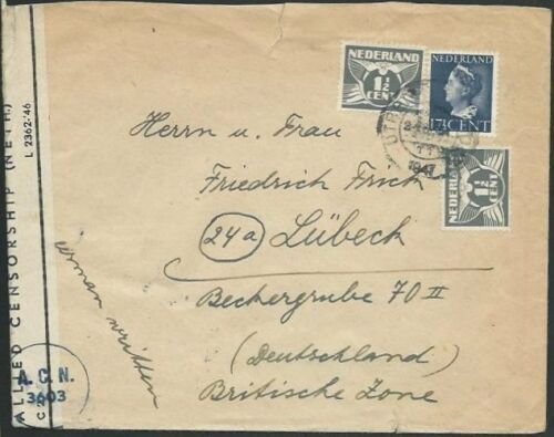 NETHERLANDS 1947 censor cover to Lubeck, Germany - British zone............58506 