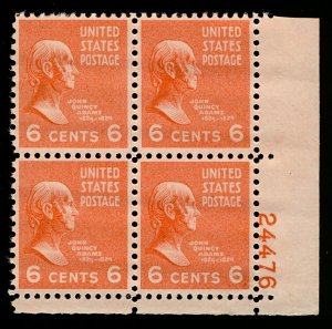 US #811 PLATE BLOCK, SUPERB mint never  hinged, 6c Adams,  post office fresh,...