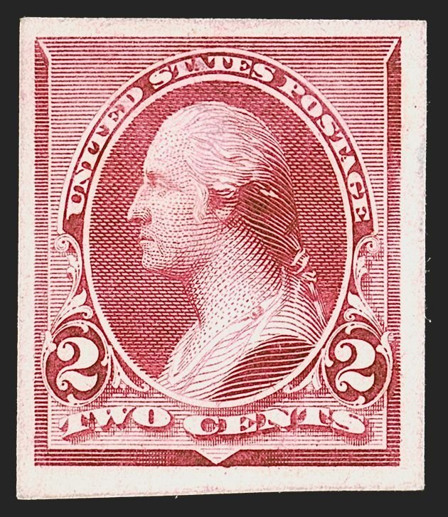 MOMEN: US STAMPS # 220P4 CARMINE PLATE PROOF ON CARD VF+ CAT. $200+ LOT #15736-1