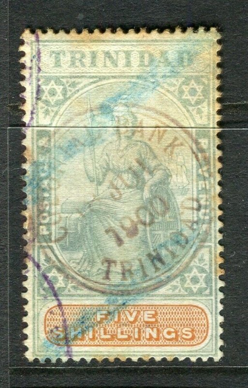 TRINIDAD; 1890s classic Britania issue used 5s. value (toned paper )