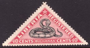 1921 Liberia 10¢ Gabon Viper, Buchanan registered issue MMH Sc# F20 CV $80.00