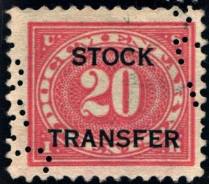 RD6 20¢ Revenue: Stock Transfer; Double Transfer (1918) Perfin