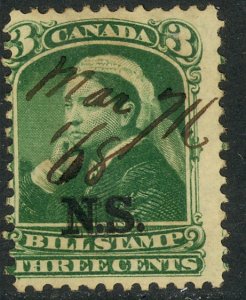 CANADA NOVA SCOTIA 1868 QV 3c BILL STAMP REVENUE VDM. NSB4 USED