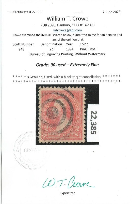 # 248, Used, XF, 2023 Crowe graded 90 Cert. CV $ 70.00