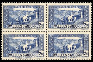 Andorra (French) #59A Cat$16+, 1940 2.50fr deep ultramarine, block of four, n...