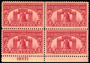 US Sc 627 MH/MNH BLOCK of 4 w/PLATE # - 1926 2c - Liberty Bell - See Desc.