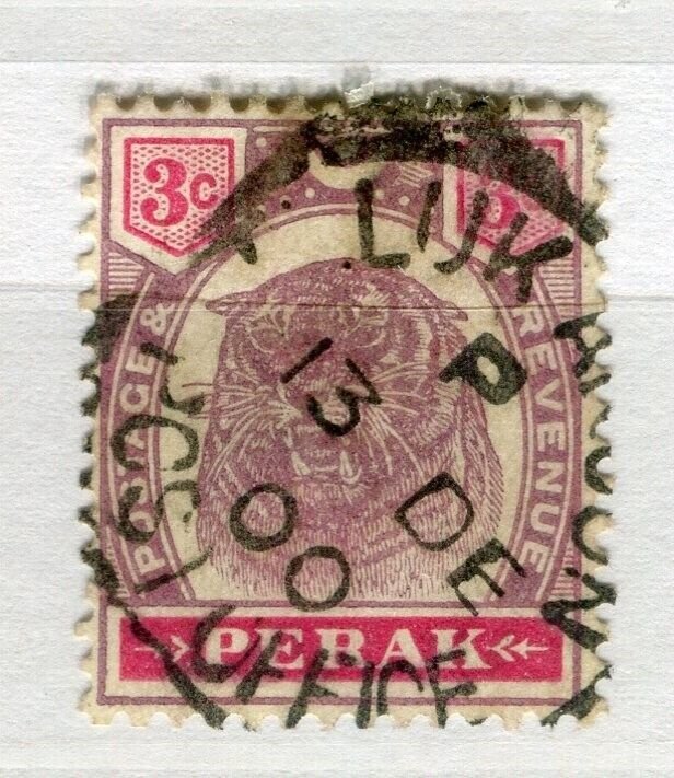 MALAYA PERAK; 1890s early classic Tiger issue fine used 3c. value Postmark