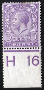 GB KGV 1912 3d Pale Violet SG377 Control H16 Mint Hinged