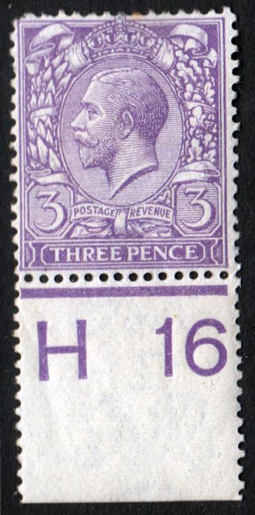 GB KGV 1912 3d Pale Violet SG377 Control H16 Mint Hinged