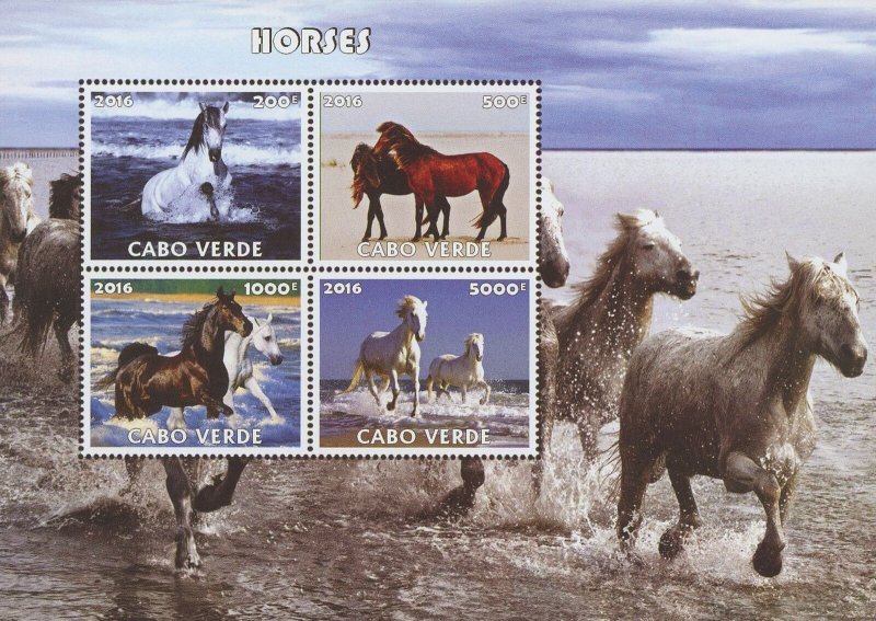 Horses Beach Ocean Water Souvenir Sheet of 4 Stamps Mint NH