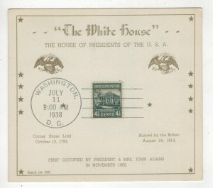 1938 PRESIDENTIAL SERIES FDC FERRYMAN SOUVENIR CARD 809 THE WHITE HOUSE Nice!